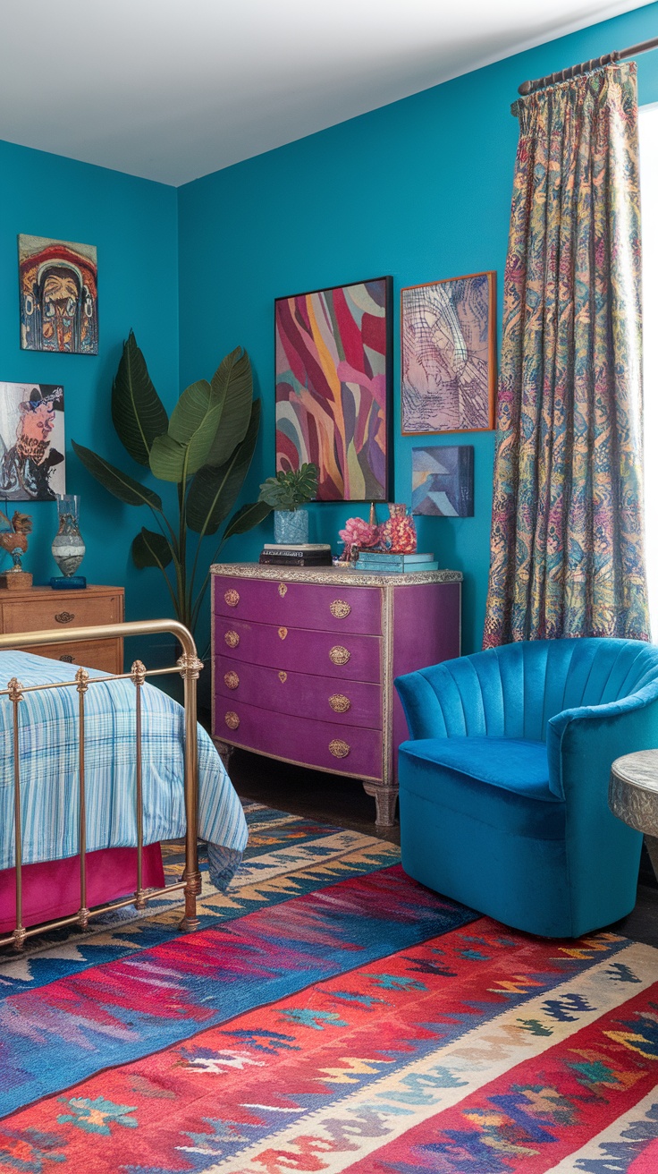 A vibrant maximalist bedroom featuring pink walls, a blue ceiling, and colorful furniture.