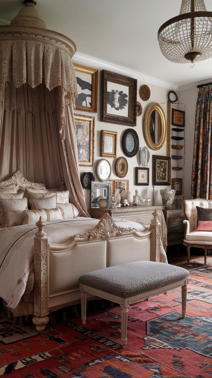 A stylish maximalist bedroom featuring a pink velvet bench, dark headboard, and gold chandelier, with creative wall art