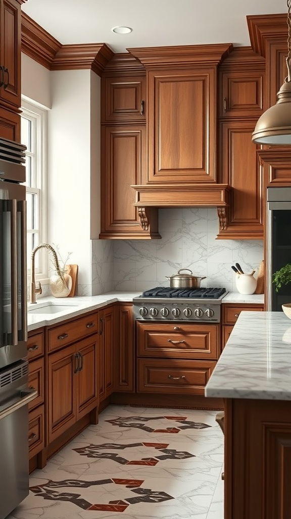 A kitchen featuring wooden cabinets, marble countertops, and unique flooring, blending classic and modern design.