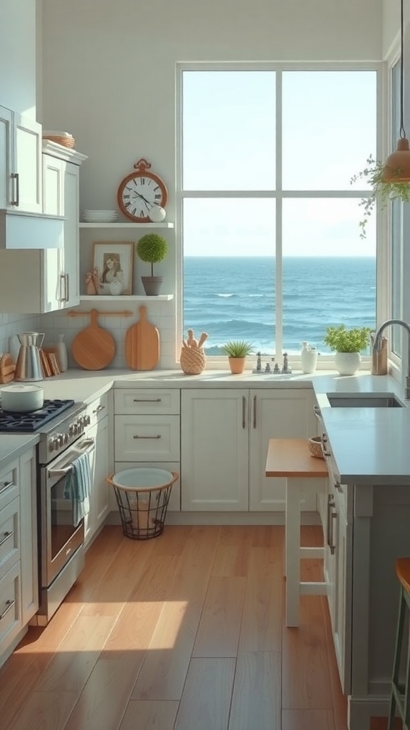 A bright coastal kitchen with a large window overlooking the ocean, featuring white cabinets, wooden flooring, and potted plants.