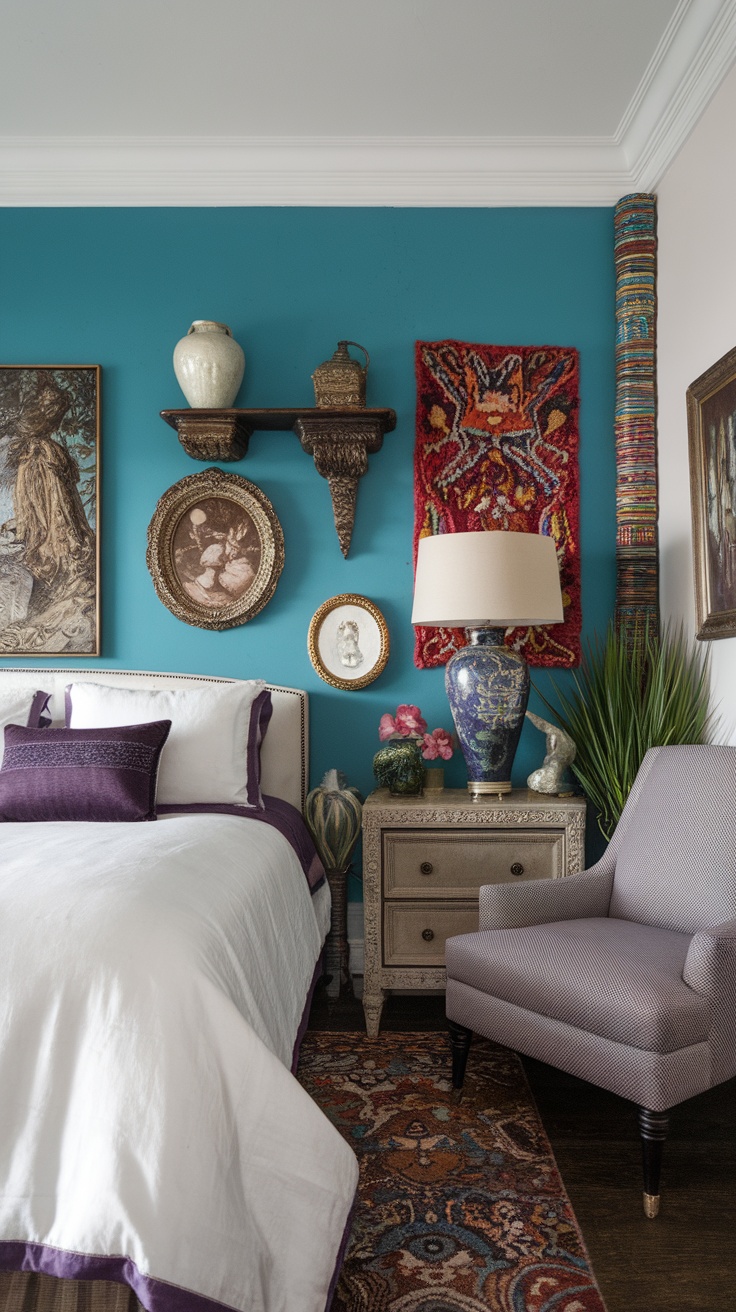 A bedroom featuring a teal accent wall paired with a burgundy wall, with a bed and decorative plants.