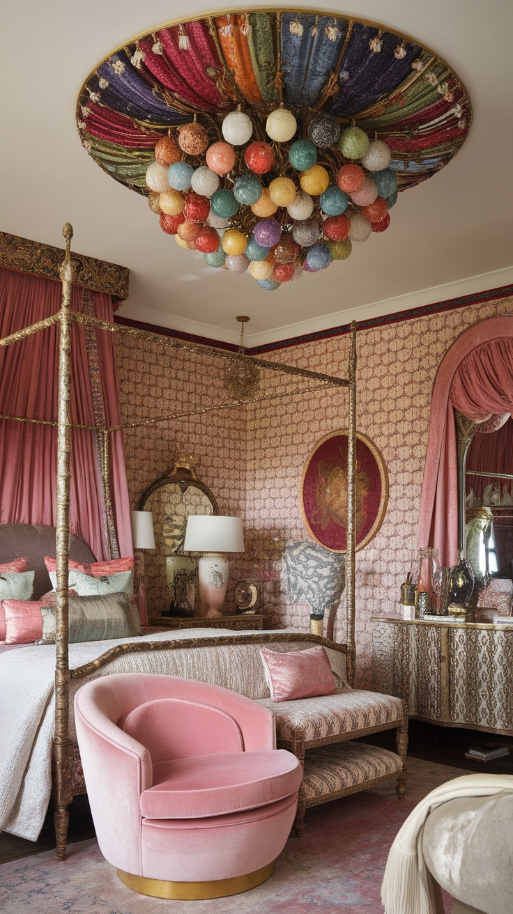 A beautifully designed bedroom with an ornate ceiling fixture, showcasing gold details and colorful accents.