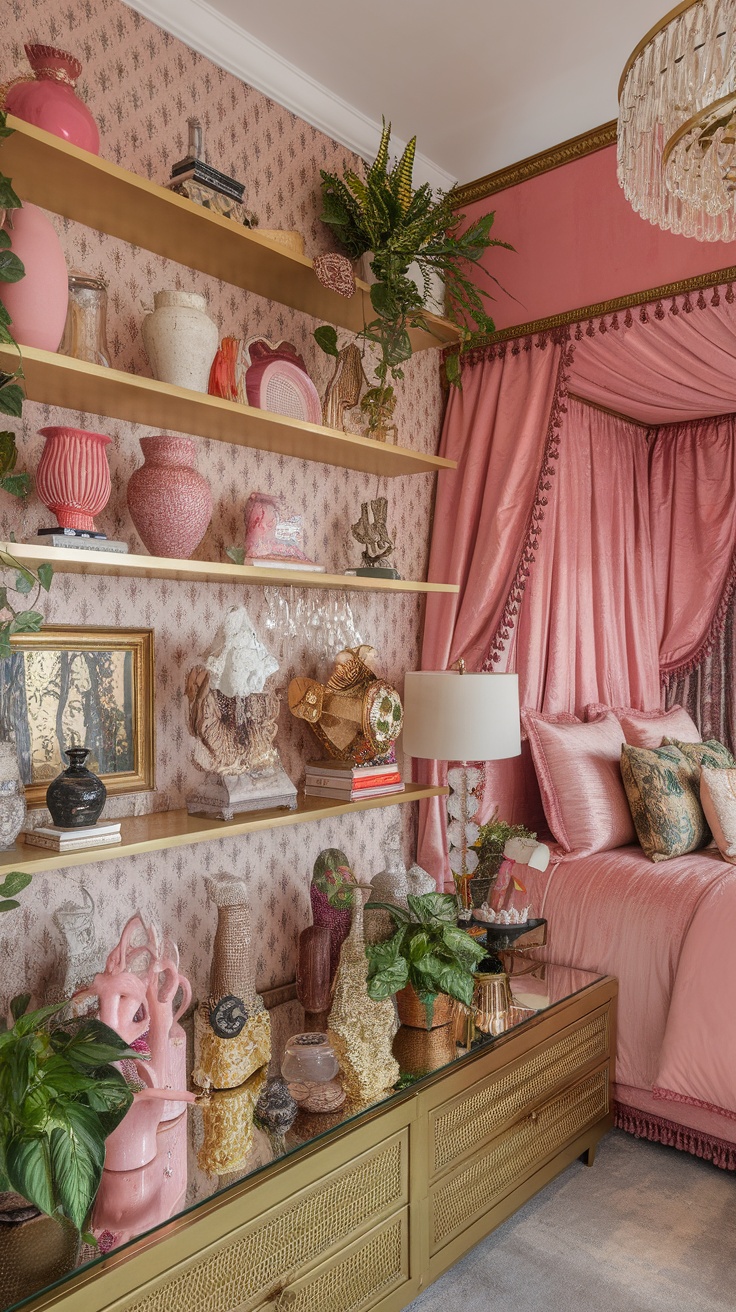 Maximalist bedroom featuring a cozy bed, decorated shelves with various art pieces, and plants.