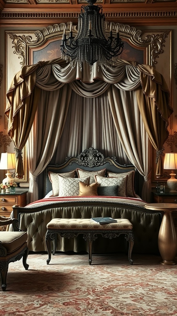 A lavish canopy bed with layered drapes, an ornate chandelier, and elegant furniture in a maximalist bedroom design.