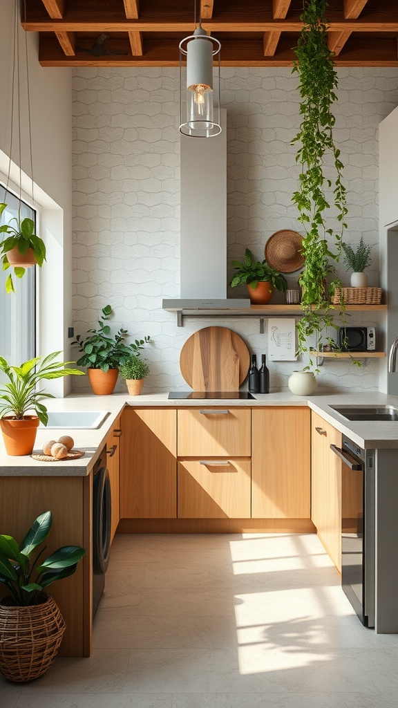 A bright eco-friendly kitchen featuring wooden cabinets, plants, and natural light.