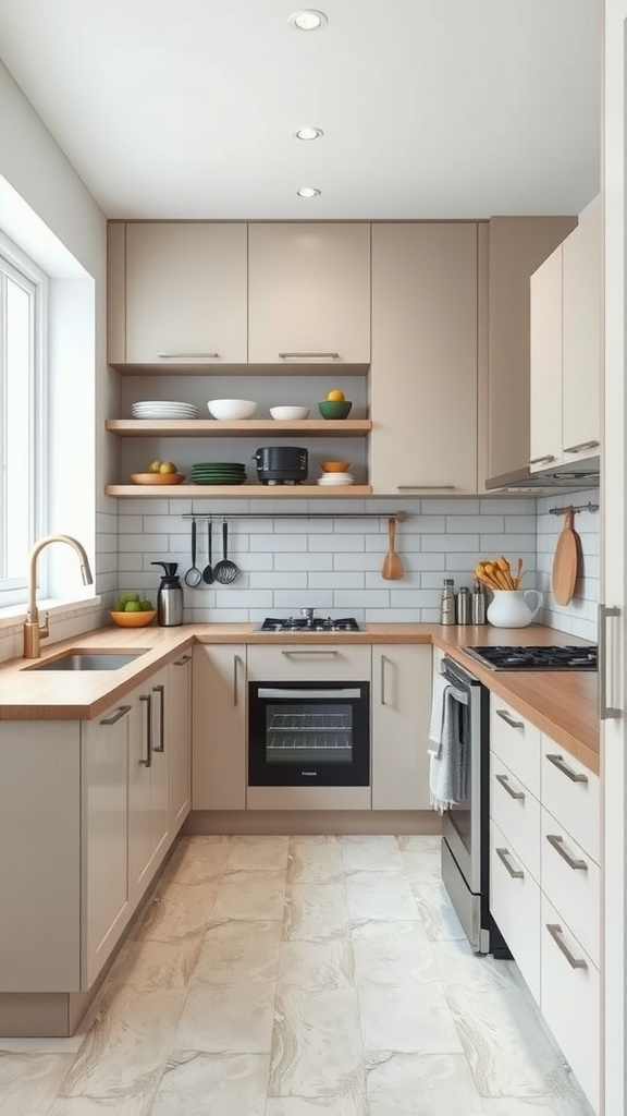 A modern galley kitchen with light cabinetry, wooden countertops, and open shelving.