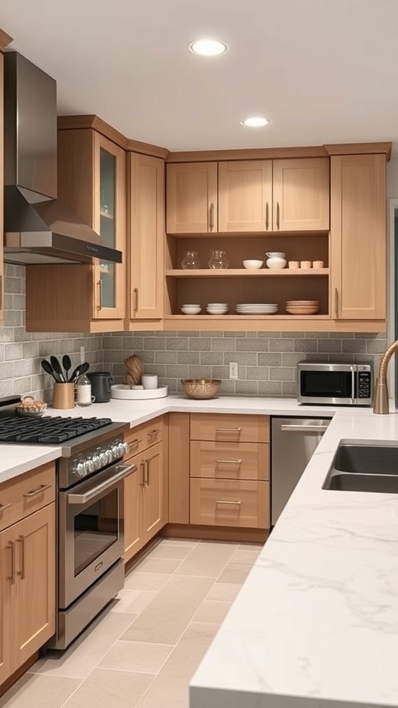 A modern kitchen with wooden cabinets, open shelves, a gas stove, and stainless steel appliances.