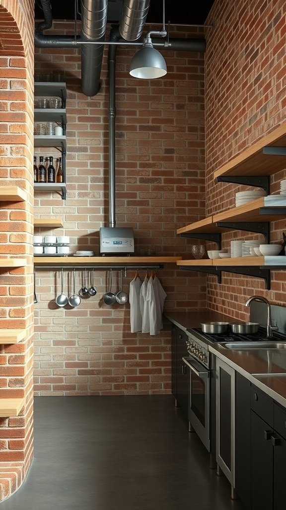 An industrial chic kitchen with exposed brick walls, wooden shelves, and stainless steel appliances.