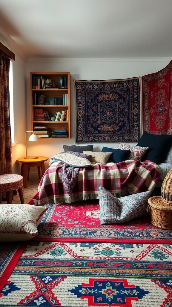 A cozy bedroom featuring layered textiles, including colorful rugs, throws, and pillows.