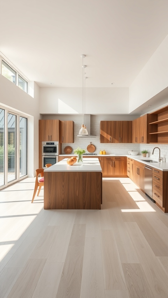 A modern open concept kitchen with wooden cabinets, a large island, and plenty of natural light.