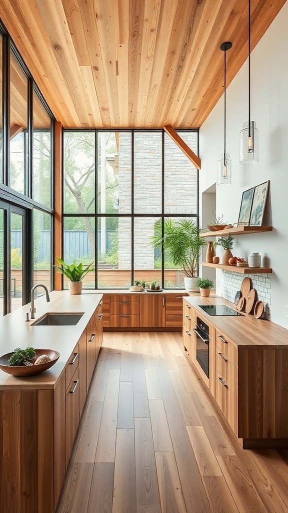 A modern kitchen with large windows, wooden cabinetry, and plants, creating an outdoor-inspired atmosphere.