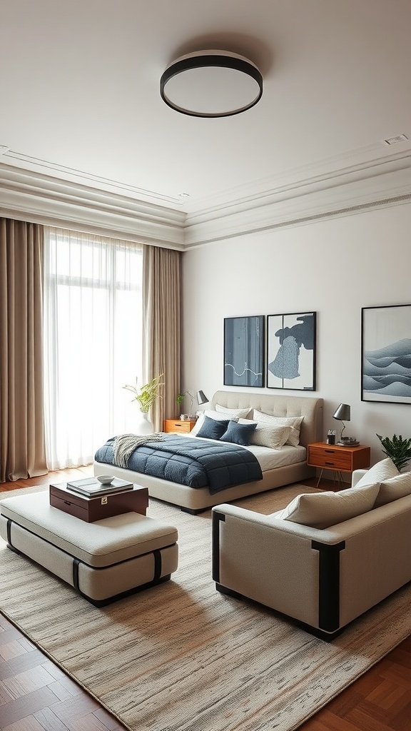 A spacious bedroom featuring oversized furniture, including a plush bed, a cozy sofa, and a stylish coffee table.