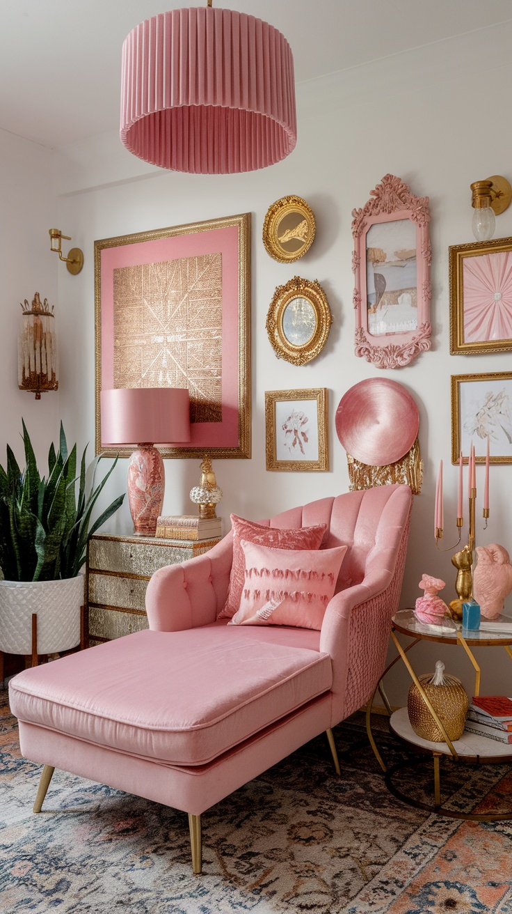 A maximalist bedroom featuring an eclectic mix of framed artwork, cozy bedding, a stylish desk, and plants.