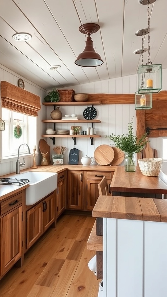 A rustic farmhouse kitchen featuring wooden cabinets, a farmhouse sink, open shelving, and warm lighting.