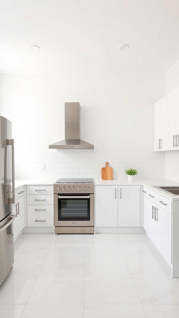 A sleek minimalist kitchen with white cabinets, stainless steel appliances, and a clean countertop.