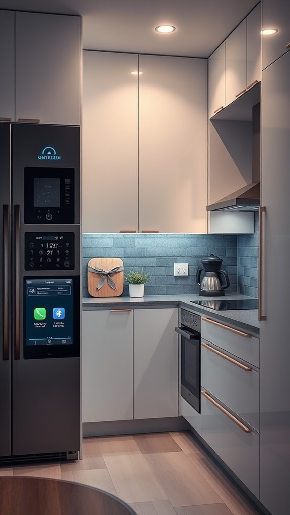 A modern kitchen with smart technology integration, featuring a high-tech refrigerator and sleek cabinetry.