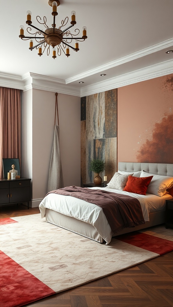 A sophisticated maximalist bedroom featuring layered bedding, colorful throw pillows, elegant chandelier, and a stylish rug.