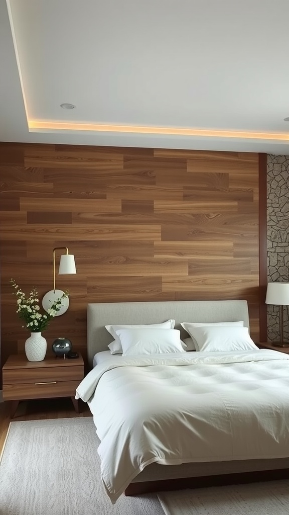 A modern bedroom with wooden wall paneling and a stone accent wall.