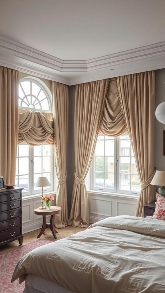 Maximalist bedroom with elegant beige window treatments and natural light