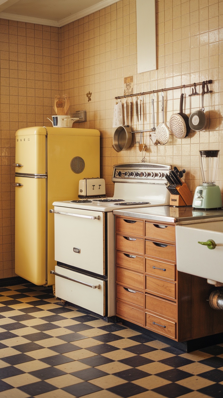 A cozy vintage retro kitchen with warm cabinetry, white appliances, and a checkerboard floor.