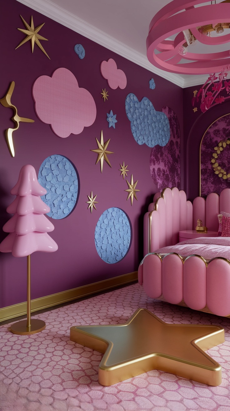 A colorful maximalist bedroom featuring playful decor elements like a gallery wall of framed art, whimsical bedding, and a unique light fixture.
