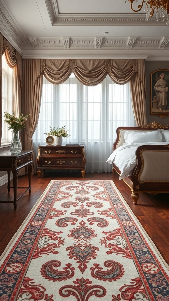 Elegant runner rug in a stylish bedroom with ornate furniture and soft drapes.