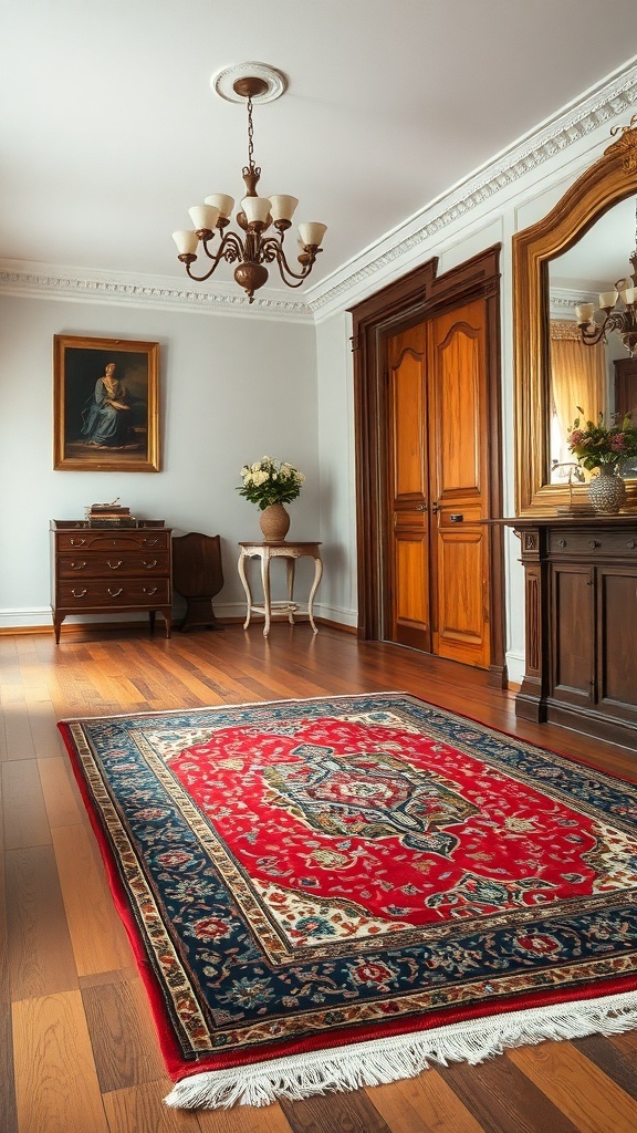 A vintage Persian rug with a red and blue design on wooden flooring, surrounded by elegant furniture and decor.