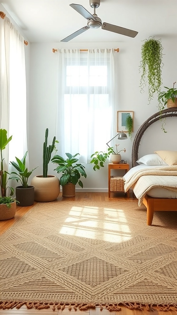 A cozy bedroom featuring a sustainable recycled material rug, surrounded by plants and natural light.