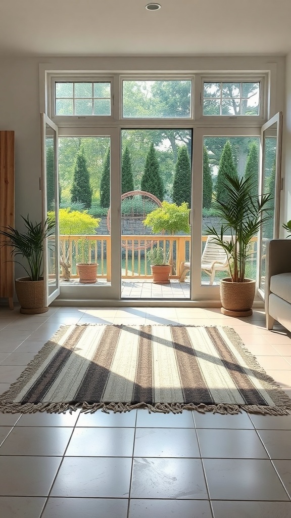 A striped indoor-outdoor rug on a tiled floor with large windows and plants in the background.