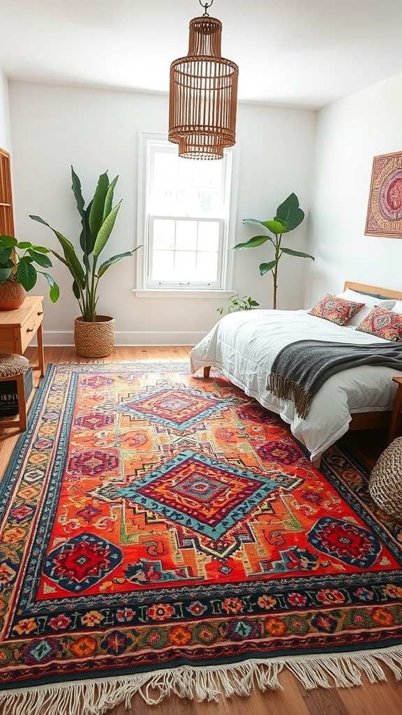 A vibrant Bohemian chic area rug with intricate patterns in red, blue, and green, placed in a cozy bedroom with plants and wooden furniture.