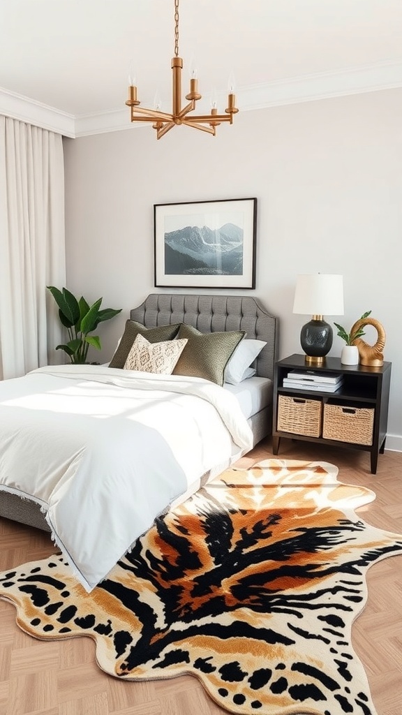A stylish bedroom featuring a tiger print accent rug, a gray upholstered bed, and modern decor.