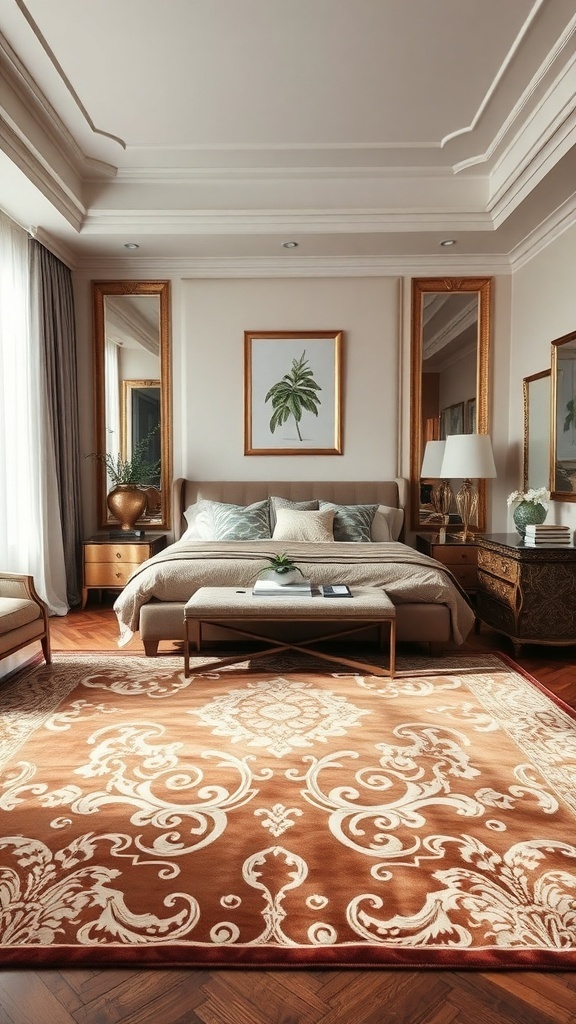 A luxurious silk area rug in a stylish bedroom with elegant decor.