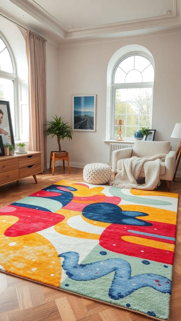A colorful abstract rug with bold shapes in a modern bedroom setting.