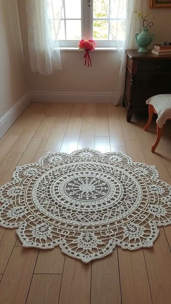 A round vintage lace doily rug on a wooden floor, surrounded by soft natural light.