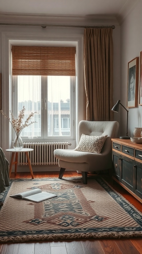 A cozy bedroom featuring a textured wool rug, a comfortable chair, and wooden furniture.