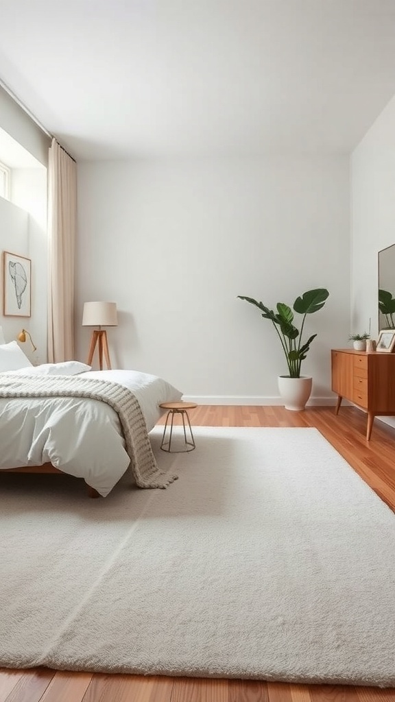 A modern bedroom with a light-colored solid rug, wooden flooring, and minimalistic decor.