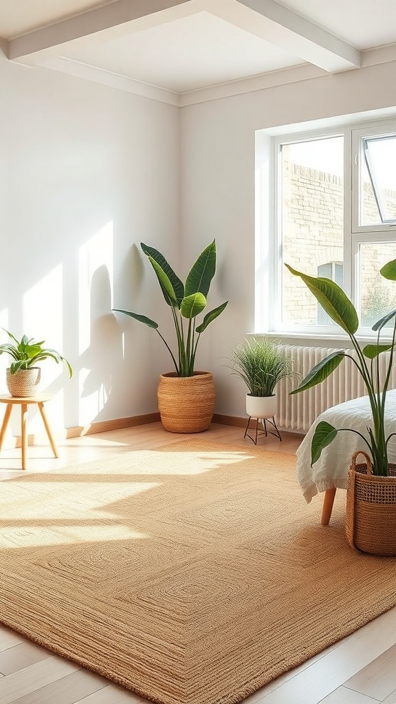A cozy bedroom featuring a natural fiber jute rug, plants, and soft lighting.