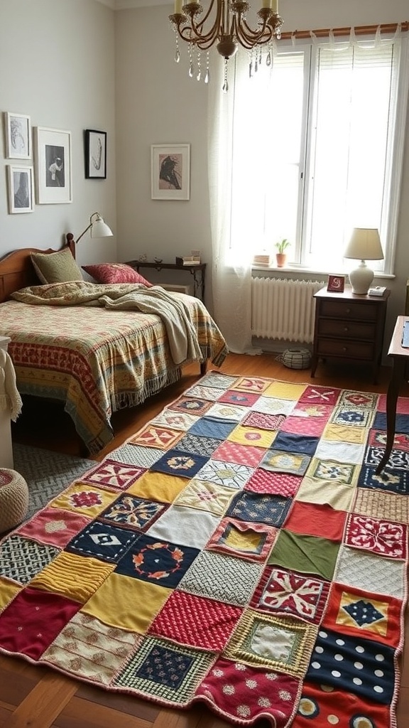 A colorful patchwork quilt rug in a cozy bedroom setting.