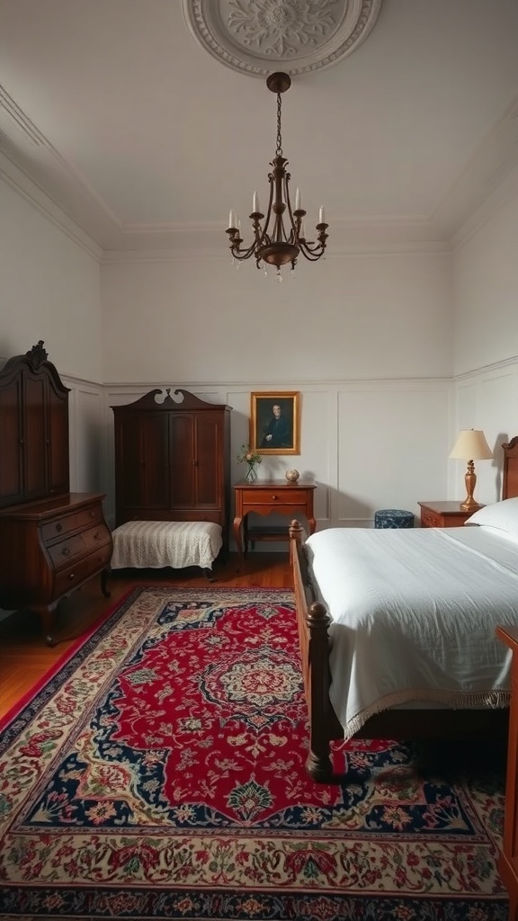 A classic Oriental rug in a bedroom with wooden furniture and soft bedding.