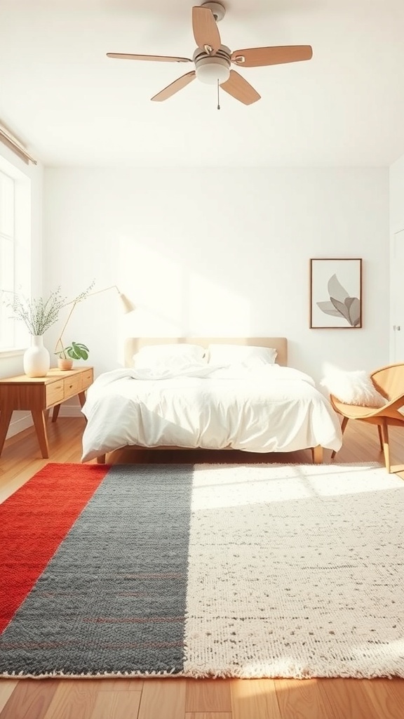 A reversible cotton rug with red, gray, and cream colors in a bright bedroom setting.