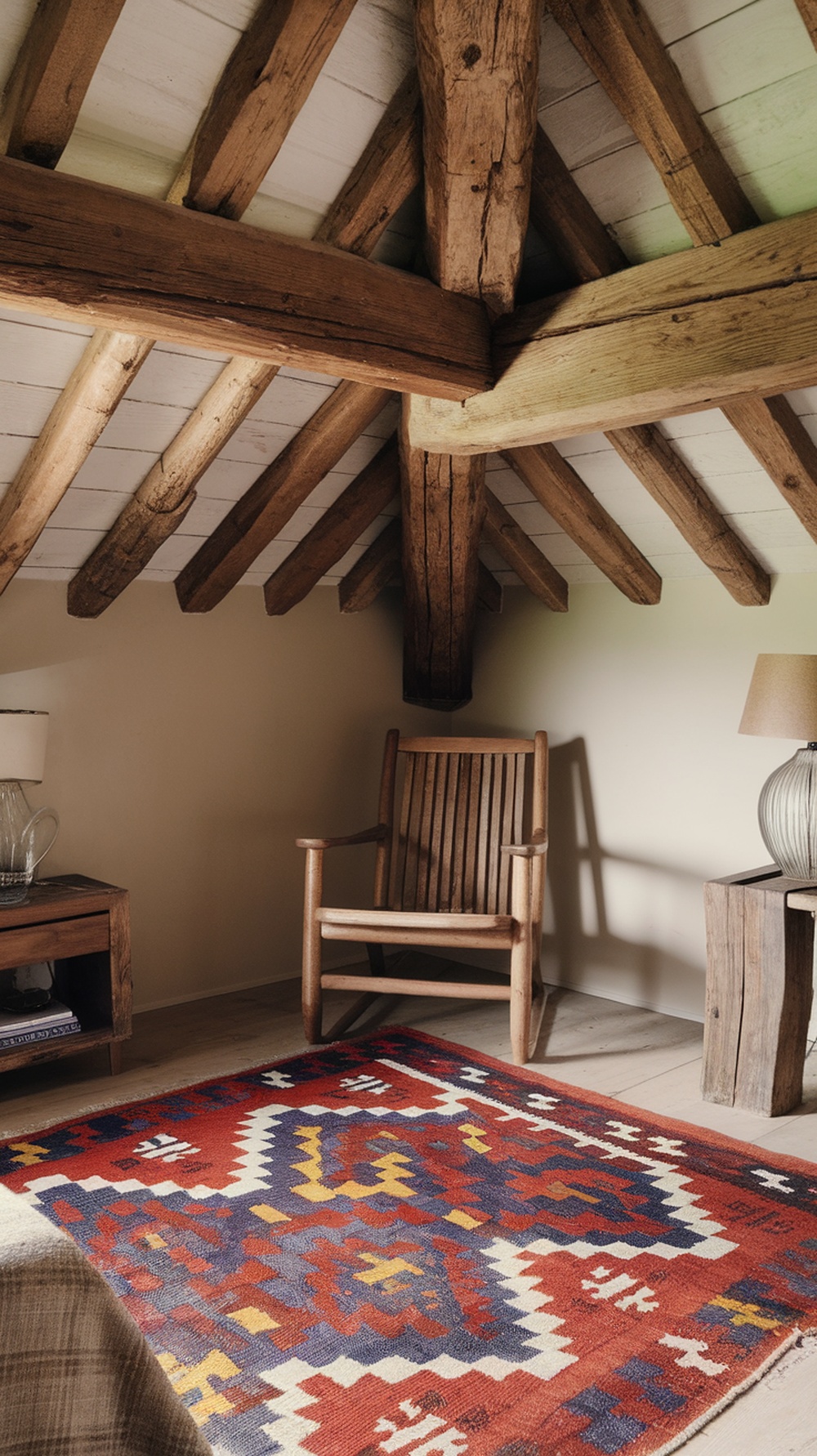 A colorful Kilim rug in a cozy bedroom with wooden furniture and rustic decor.
