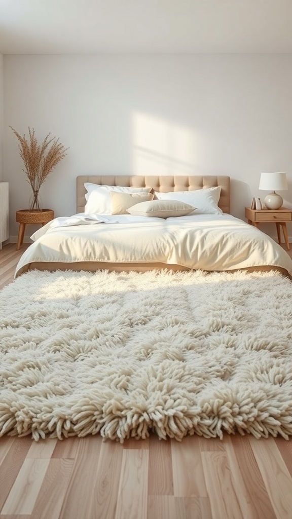 A cozy bedroom featuring a soft shaggy rug, a stylish bed, and warm wooden flooring.