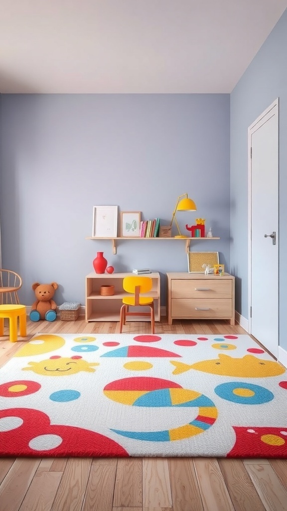 A colorful kids' rug with playful designs in a bright bedroom setting.