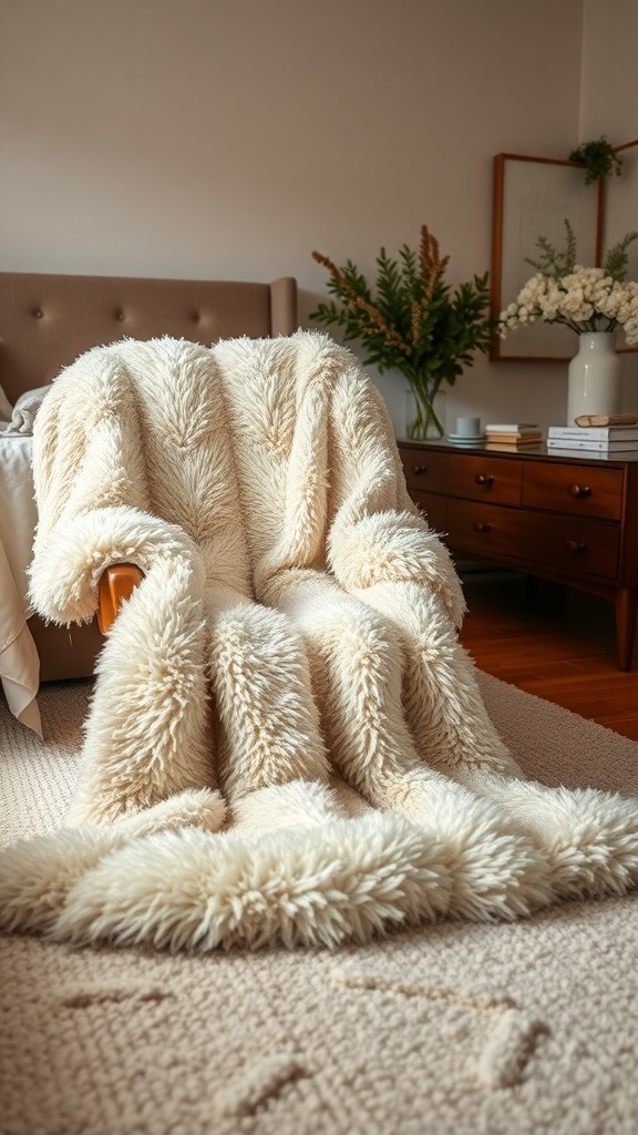 A cozy faux fur throw rug draped over a chair in a stylish bedroom setting.