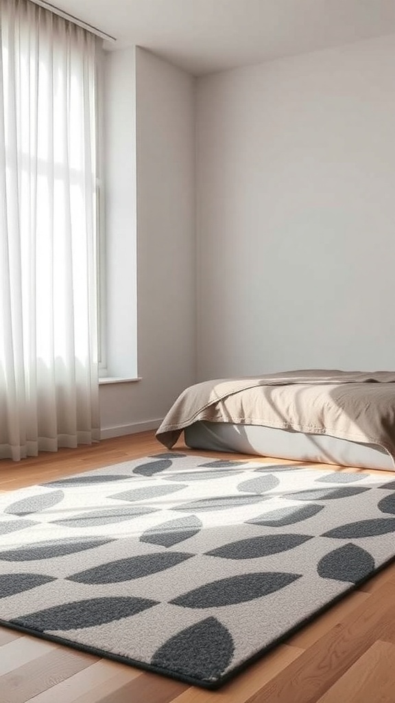 A geometric patterned floor mat in a modern bedroom setting